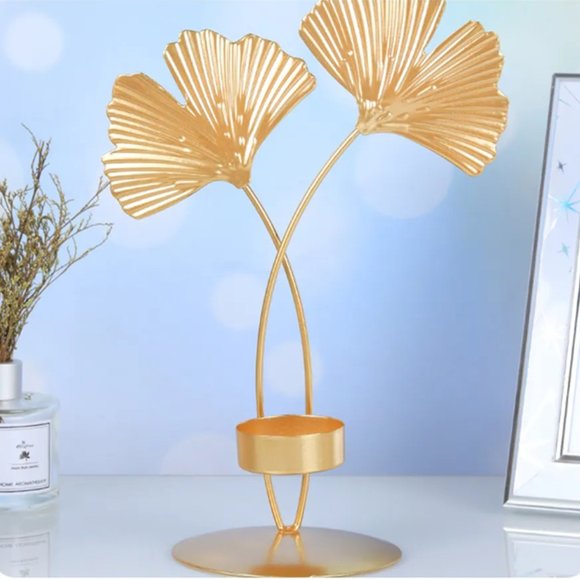 NEW Gold Ginkgo Leaf Candlestick Tealight Candle Holder - Picture 1 of 4